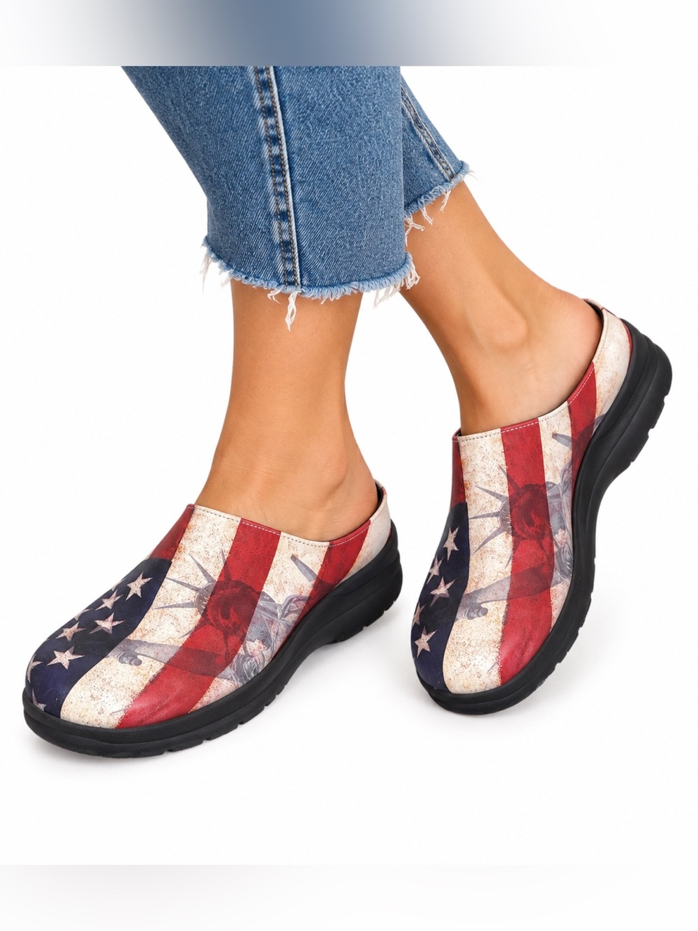 Icon USA Flag Leather Mules Clogs Patriotic Statue Liberty Slip On 6.5 Artsy